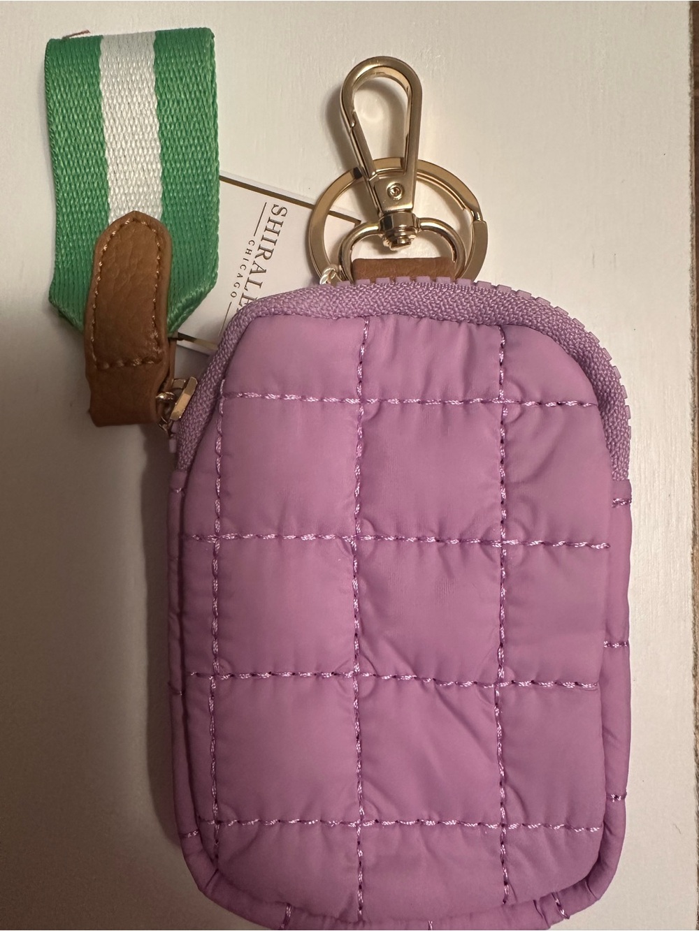 Shiraleah Ezra Clip-On Lilac Quilted Pouch w/ Green&White Striped Zipper Pull C1